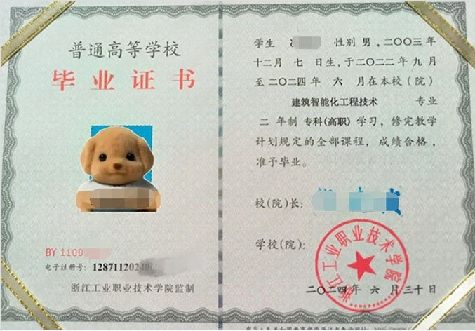 浙江浙江工业职业技术学院毕业证样本图片